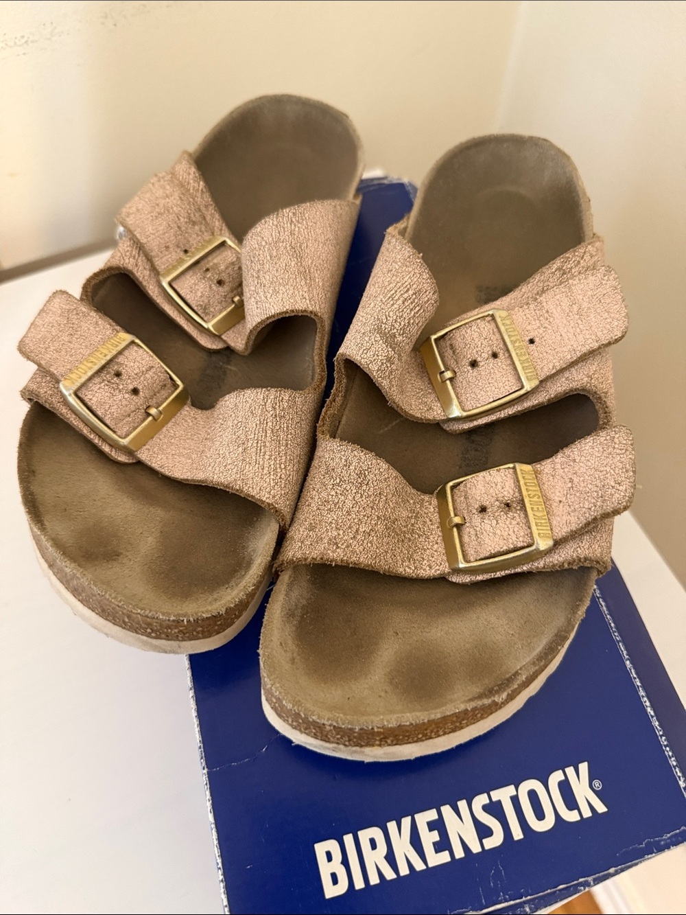 Birkenstock Two-Strap Sandals in Metallic Rose